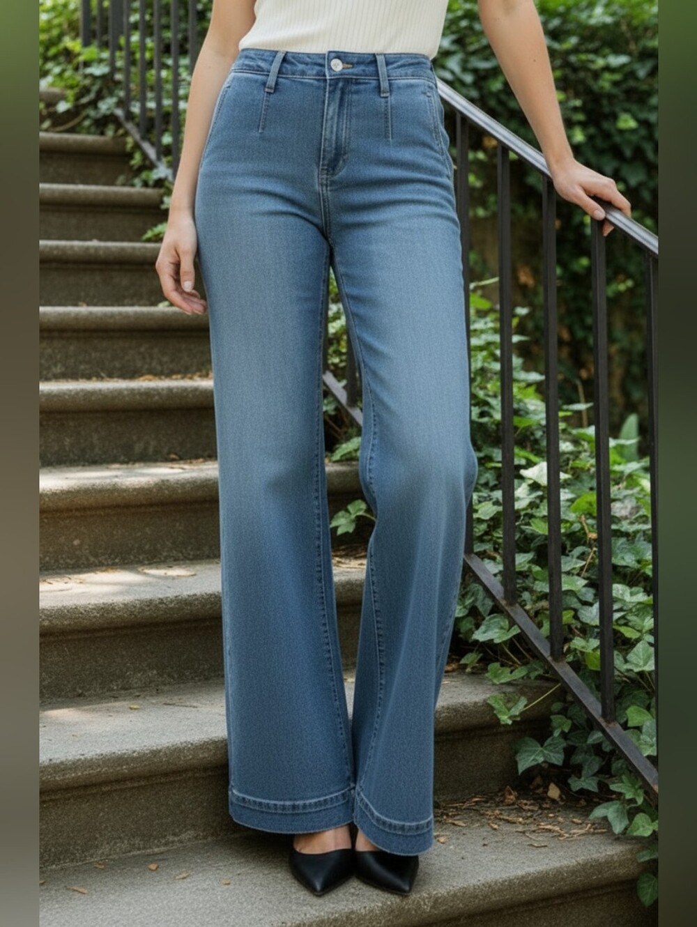 Risen Hidden Elastic Tummy Control Band High-Rise Baggy Wide Leg Denim Jeans
